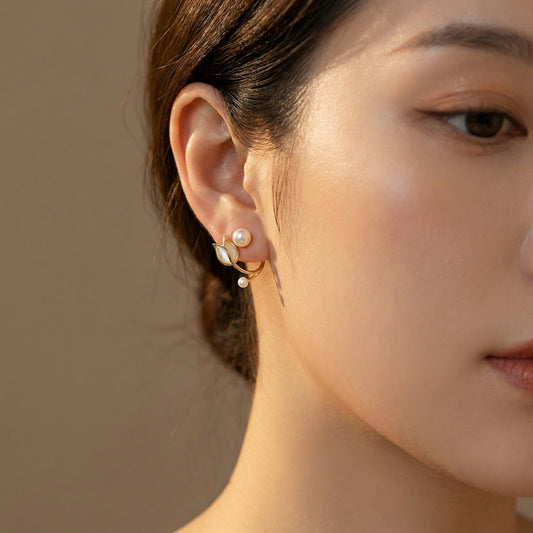 Elegant Dual Pearl Leaf Earrings