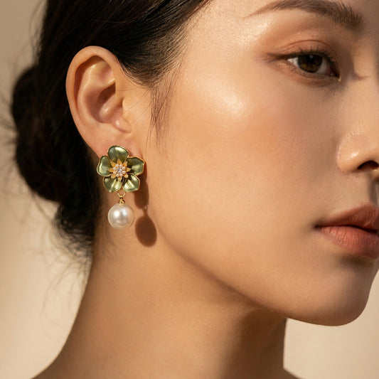 Emerald Bloom Pearl Drop Earrings