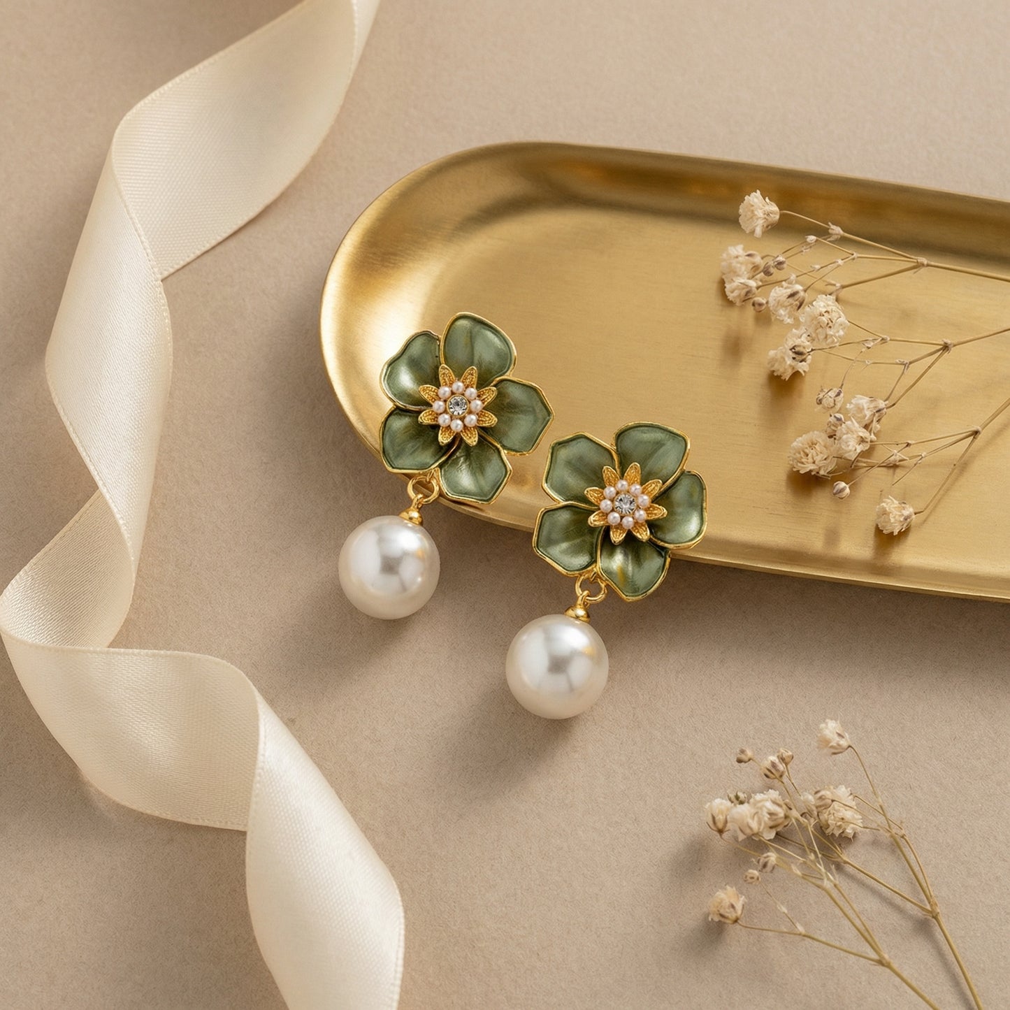 Emerald Bloom Pearl Drop Earrings