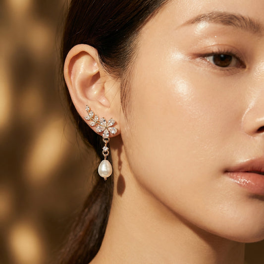Golden Bloom Pearl Floral Drop Earrings