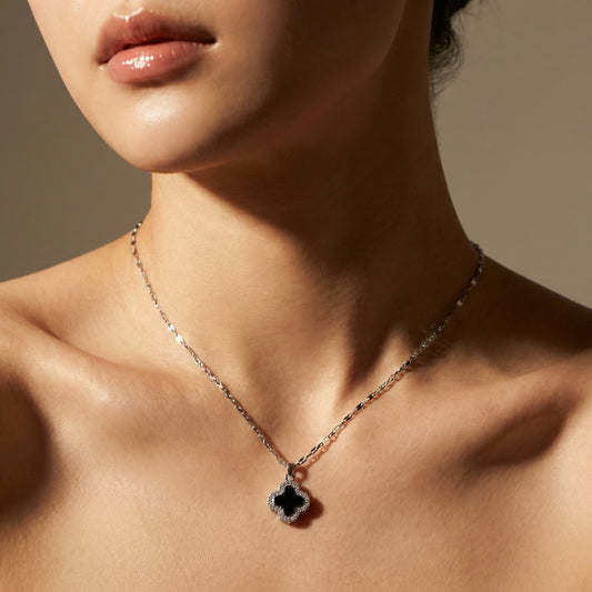Korean Clover Black Silver Necklace