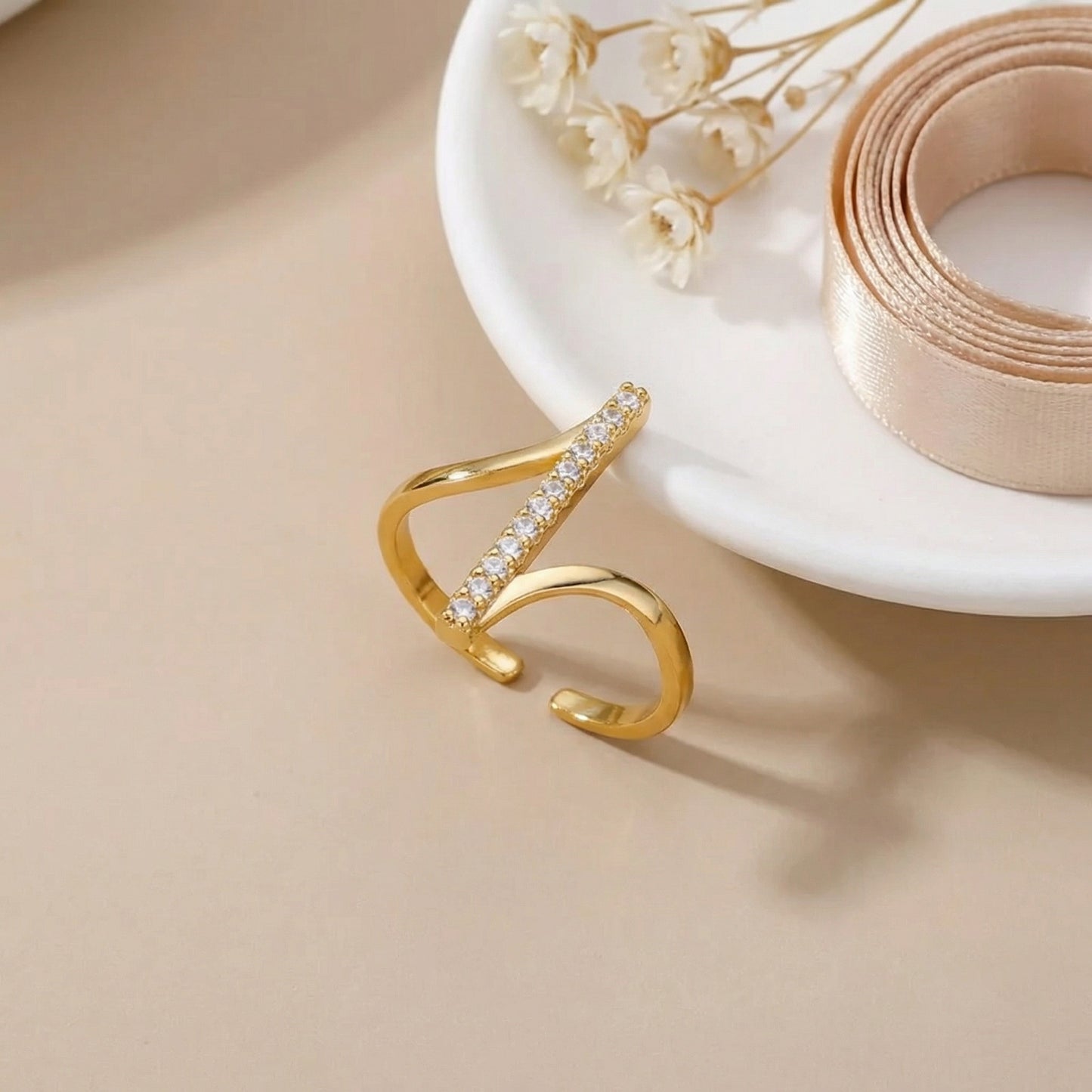 Korean Gold Plated Geometric Zirconia Finger Ring