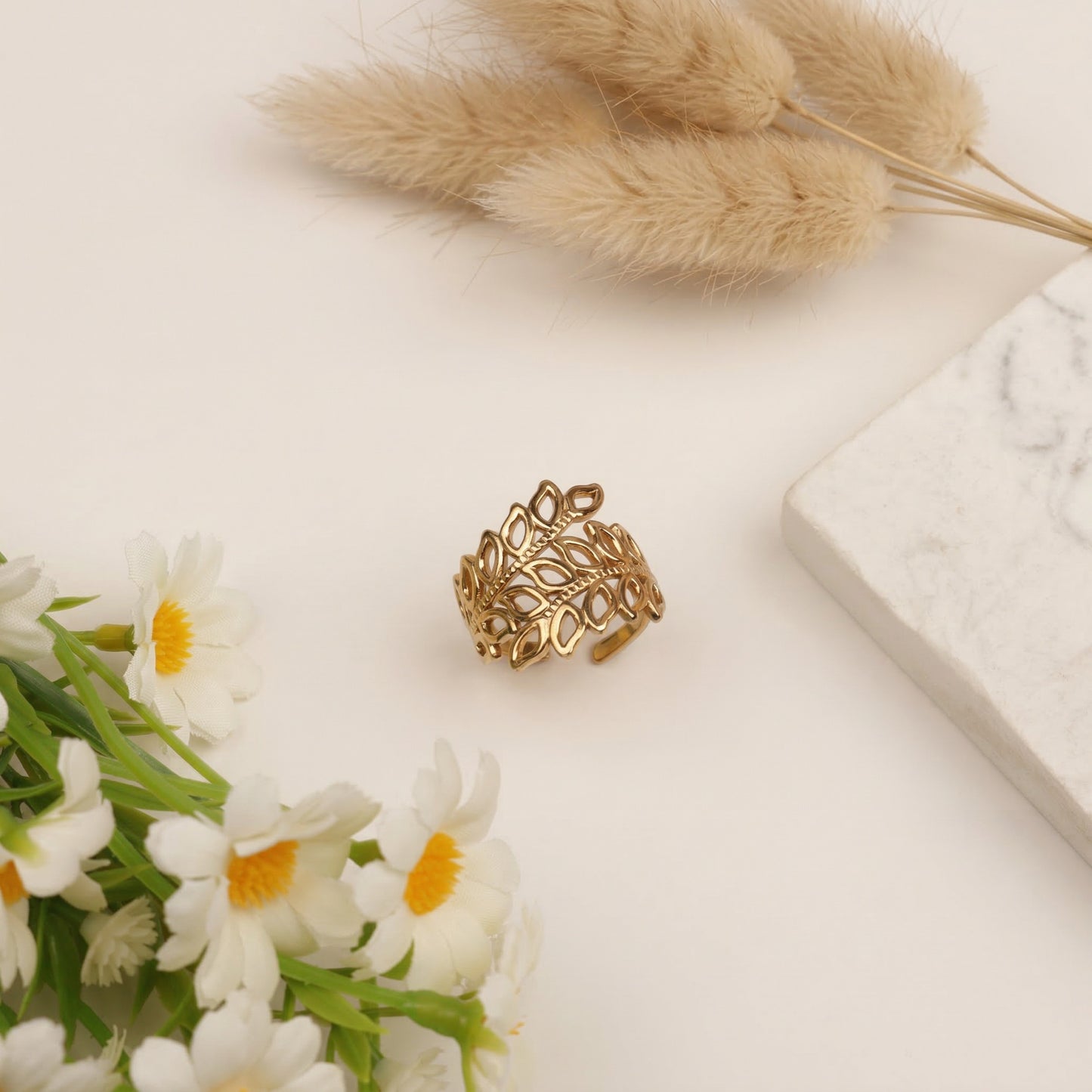 Korean Leaf Pattern Adjustable Open Finger Ring