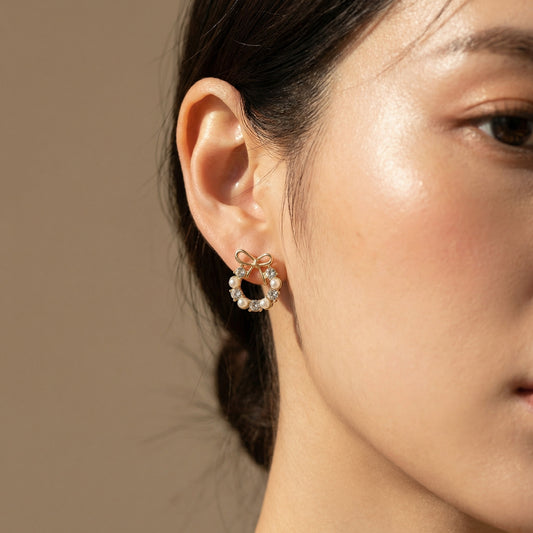 Korean Pearl Bow Halo Stud Earrings