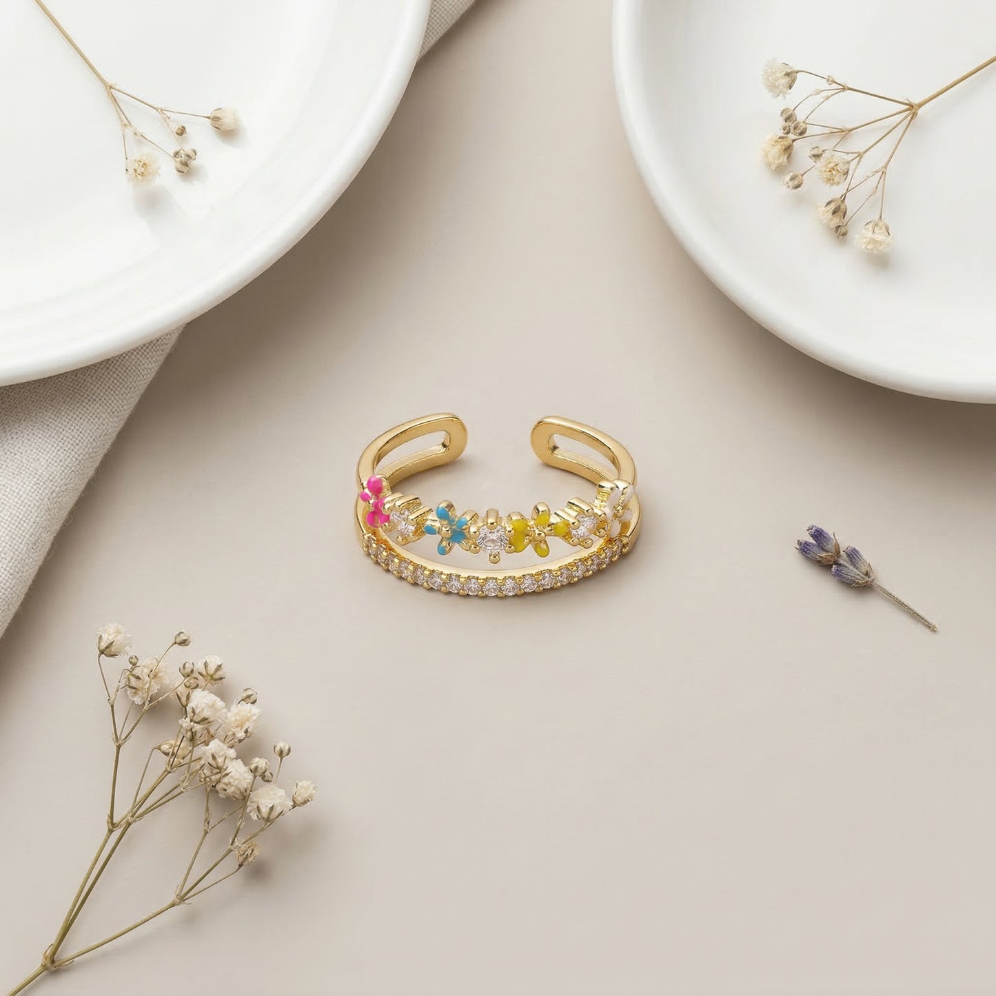 Korean Floral Adjustable Open Finger Ring