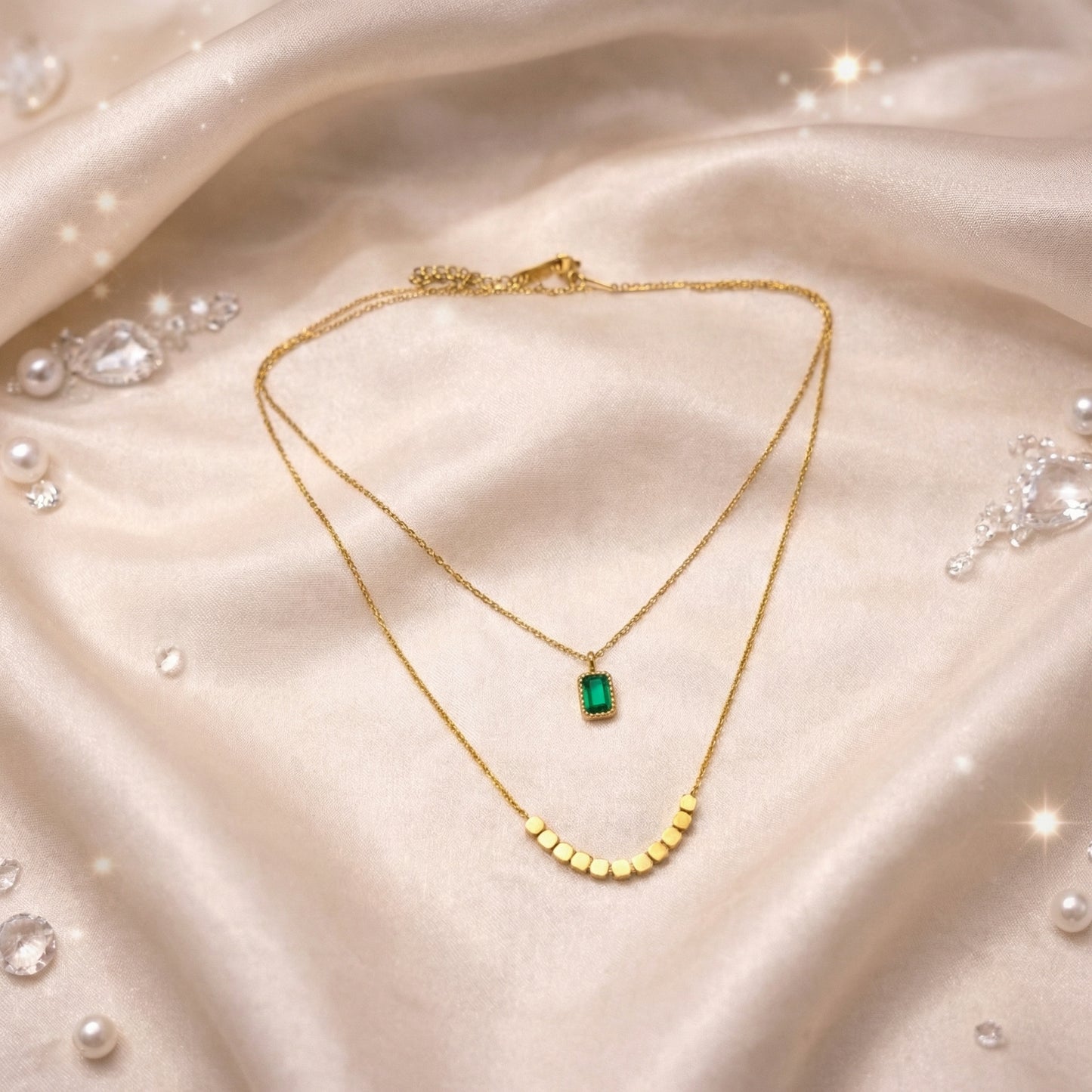 Korean Gold Necklace With Green Stone