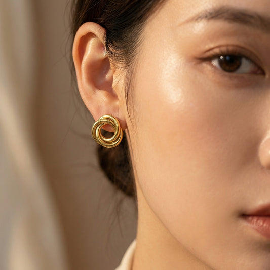 Three Ring Stud Earrings Stainless Steel Gold Plated