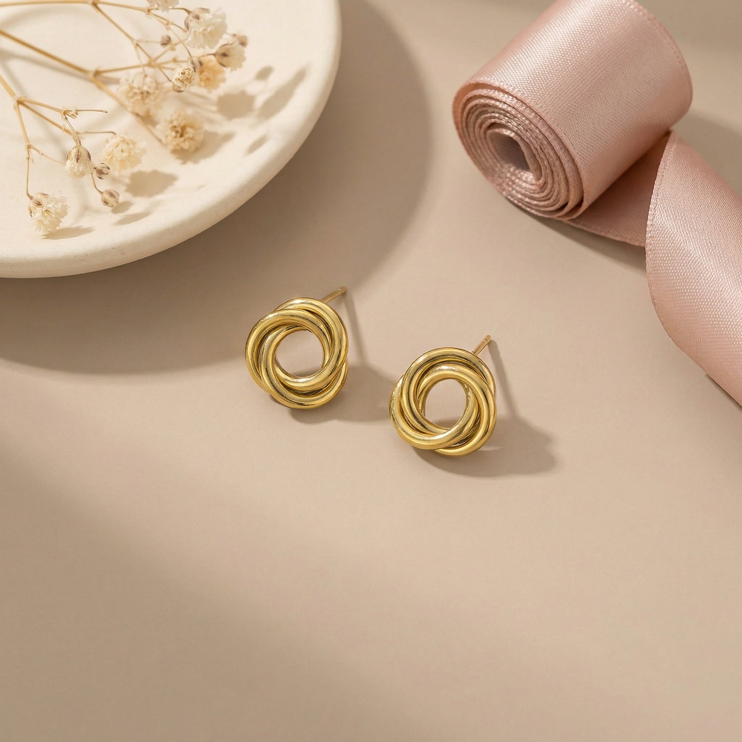 Three Ring Stud Earrings Stainless Steel Gold Plated