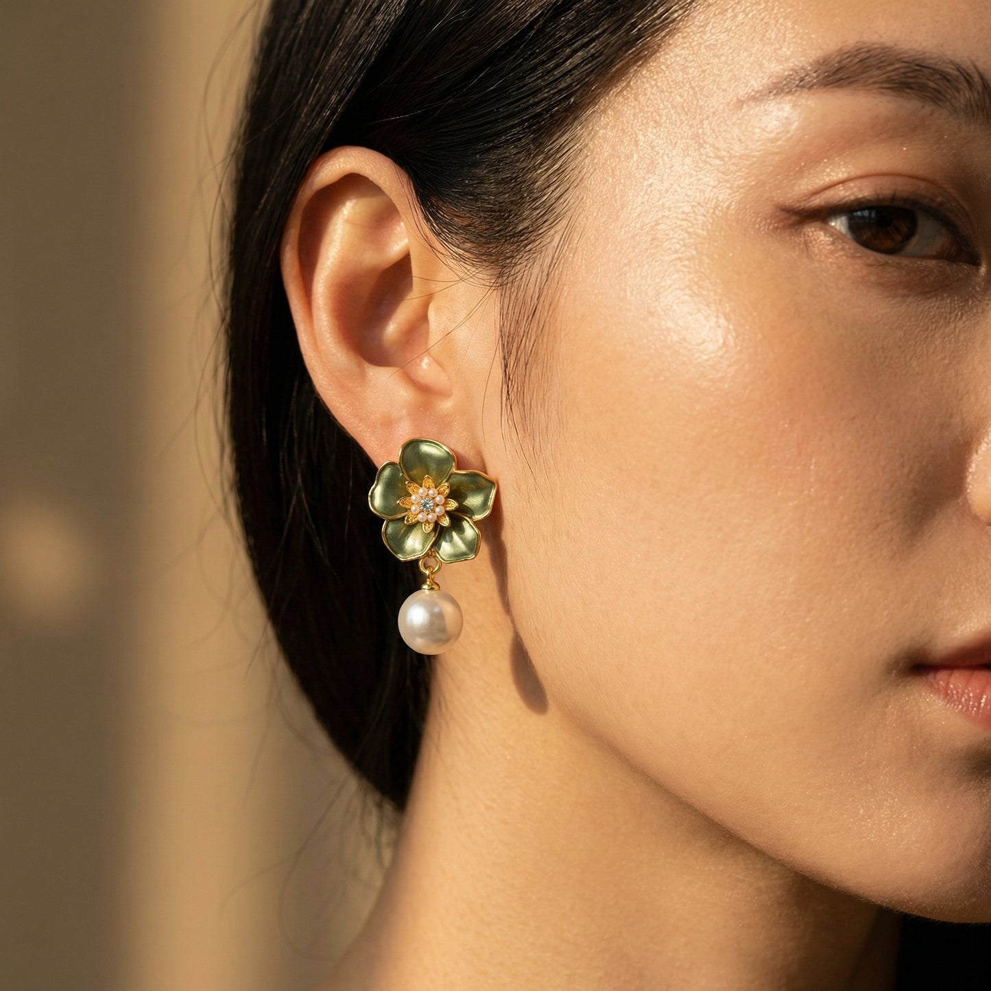 Emerald Bloom Pearl Drop Earrings