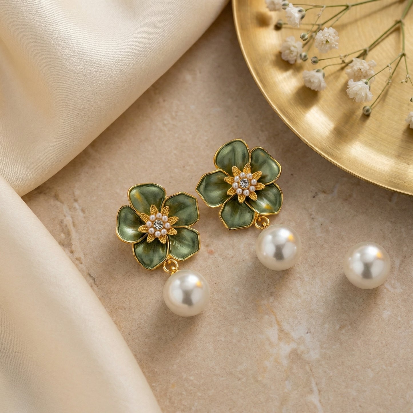 Emerald Bloom Pearl Drop Earrings