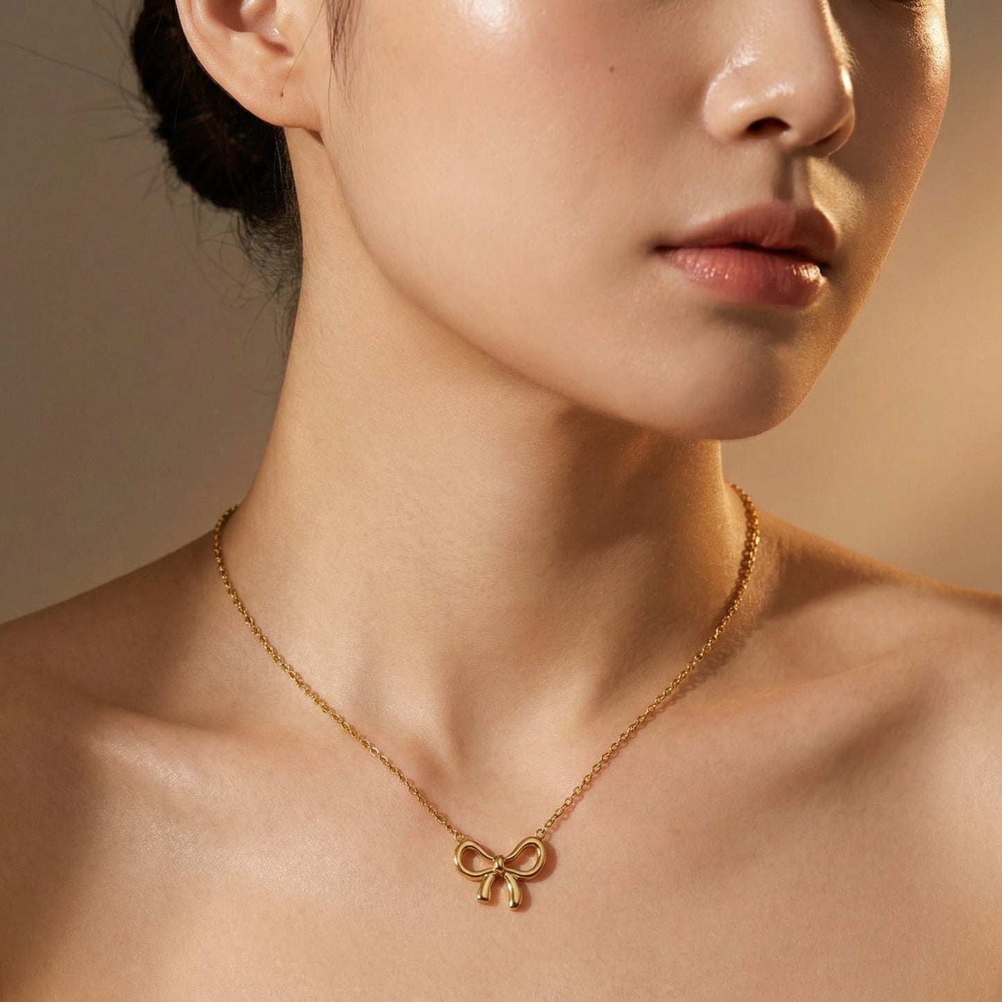 Gold Titanium Steel Bow Knot Pendant Necklace