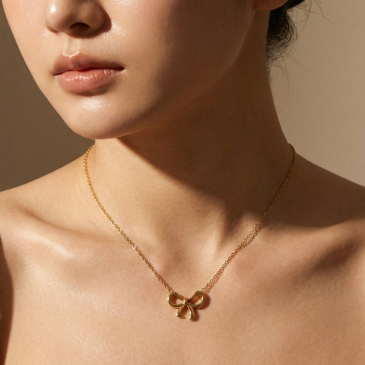 Gold Titanium Steel Bow Knot Pendant Necklace