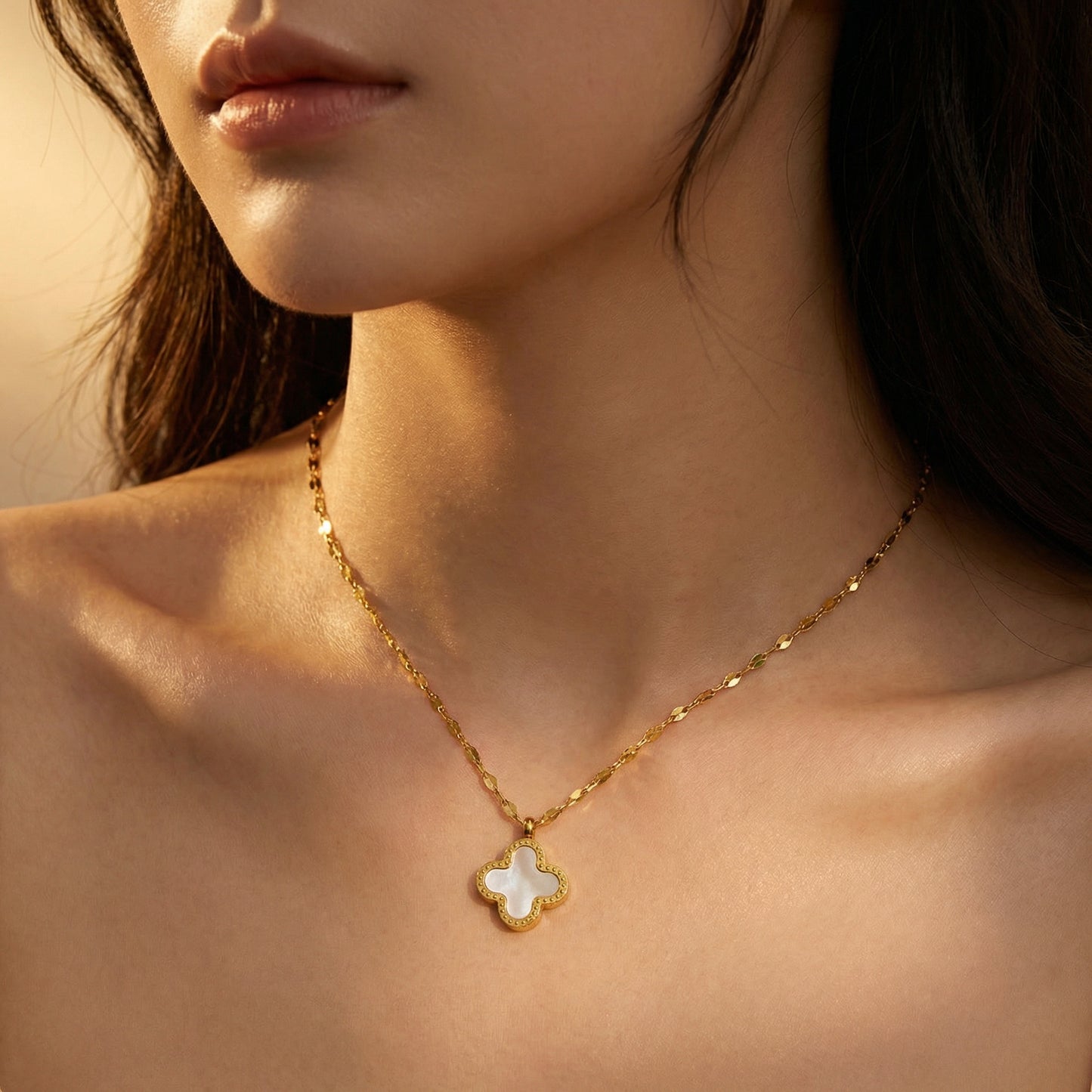 Gold Titanium Steel Double-Sided Four-Leaf Clover Necklace