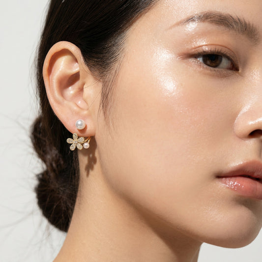 Golden Bloom Pearl Arc Stud Earrings