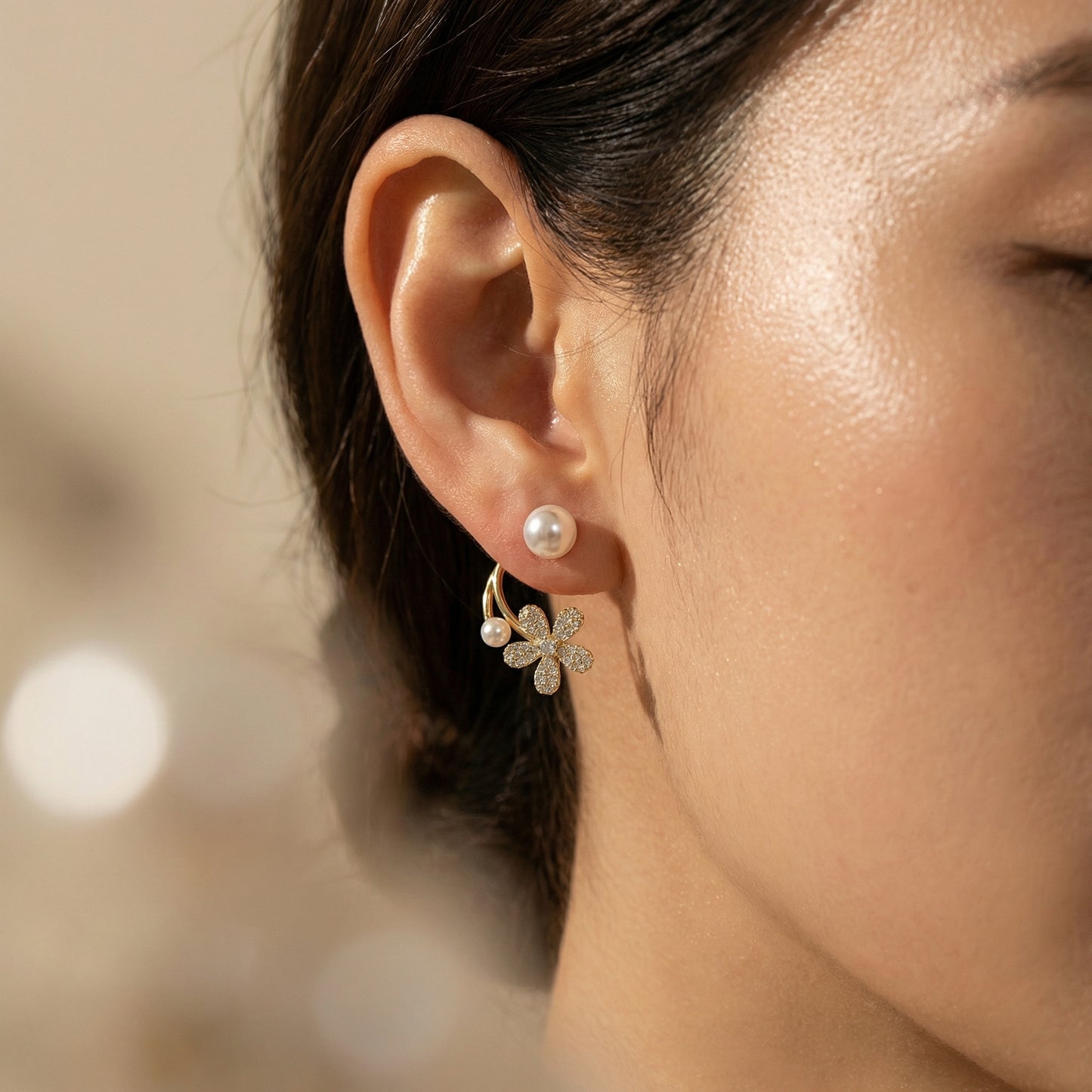 Golden Bloom Pearl Arc Stud Earrings