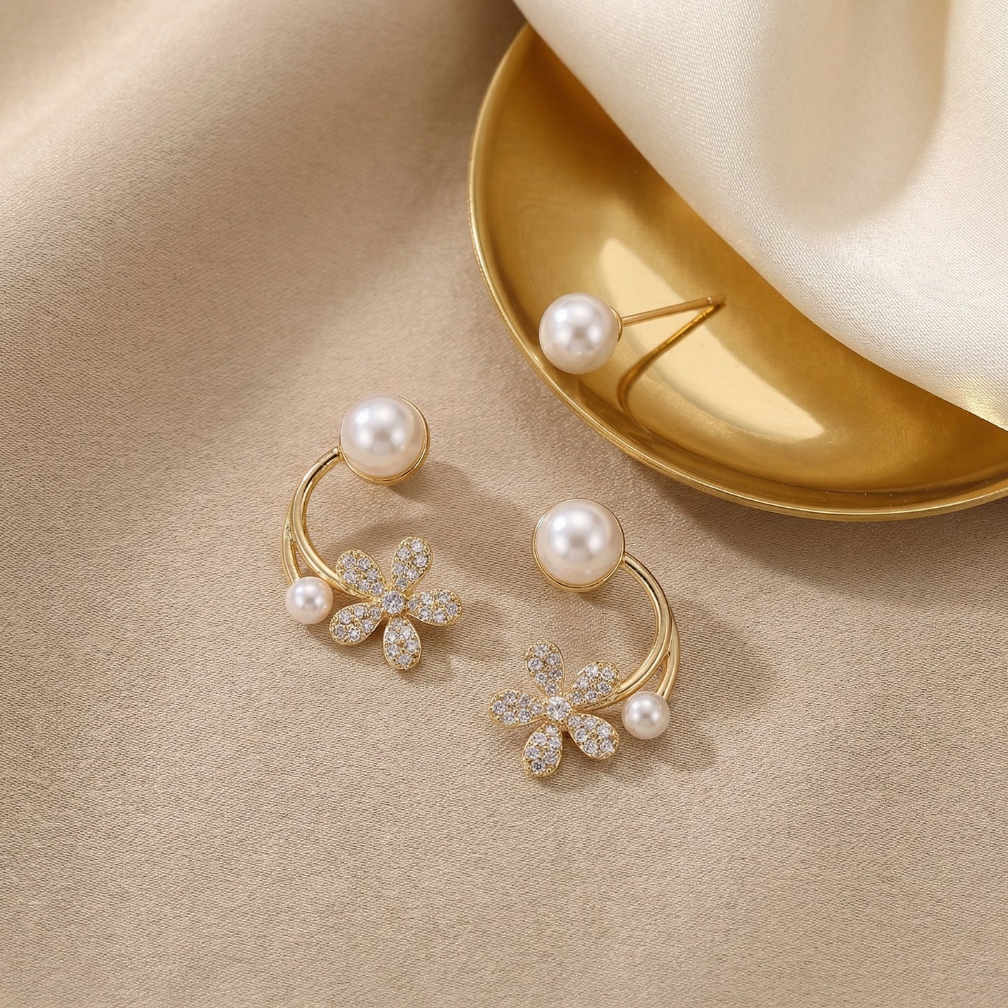 Golden Bloom Pearl Arc Stud Earrings