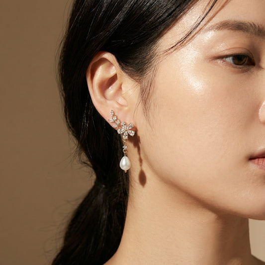 Golden Bloom Pearl Floral Drop Earrings