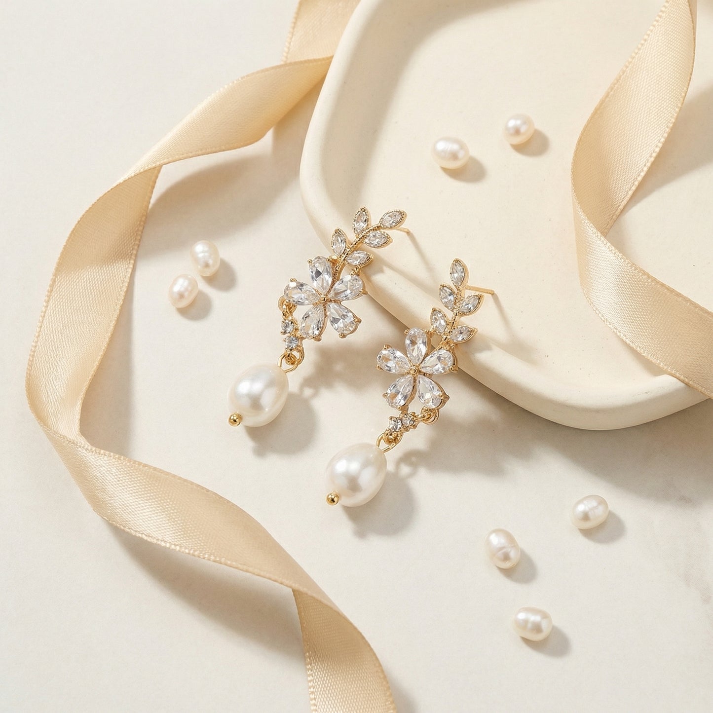 Golden Bloom Pearl Floral Drop Earrings