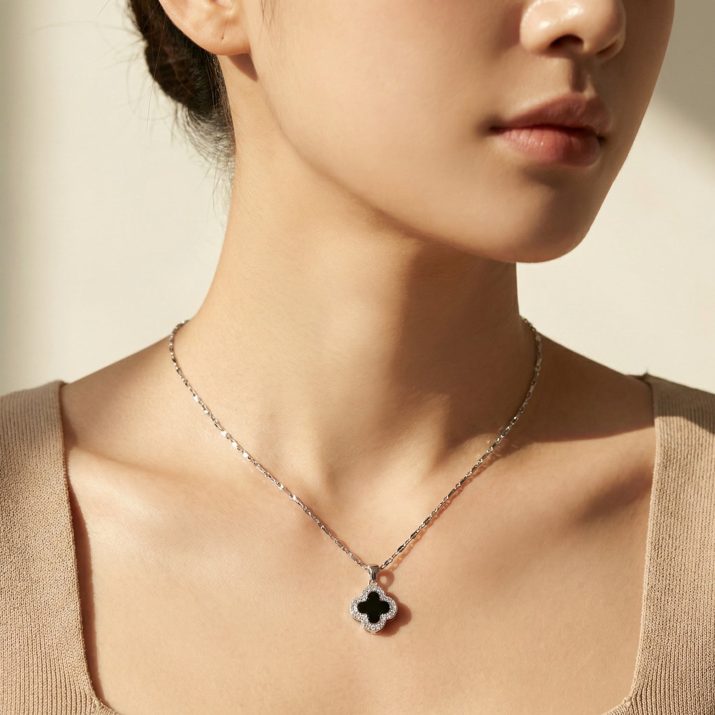 Korean Clover Black Silver Necklace