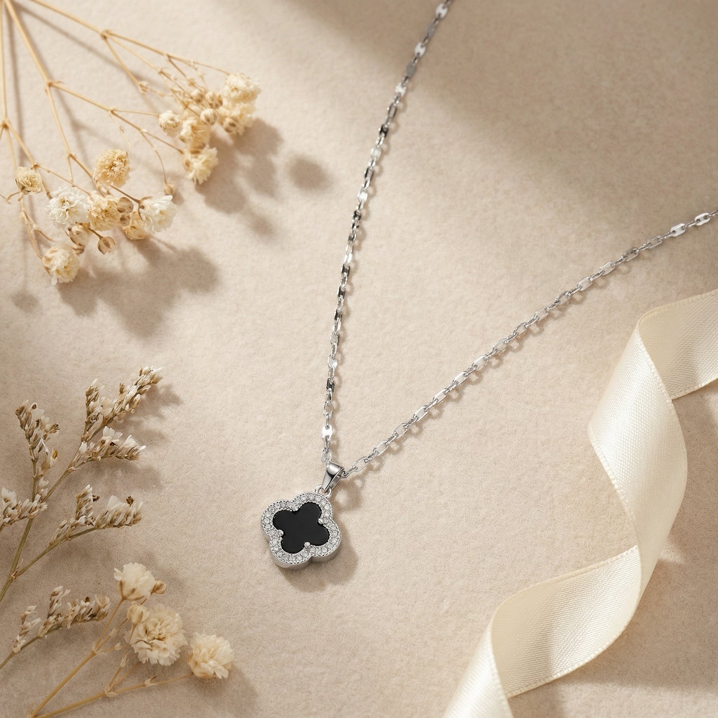 Korean Clover Black Silver Necklace