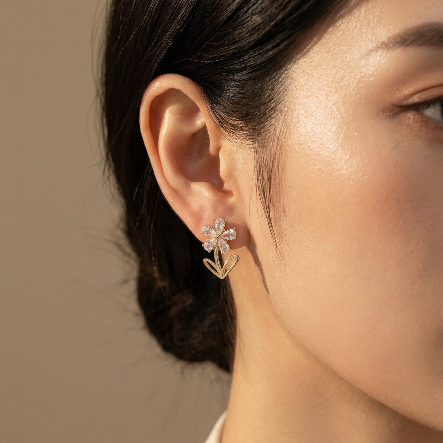 Korean Crystal Bloom Heart Drop Earrings