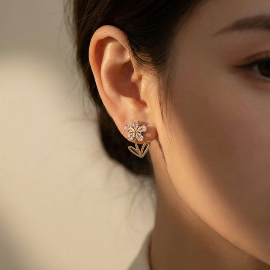 Korean Crystal Bloom Heart Drop Earrings