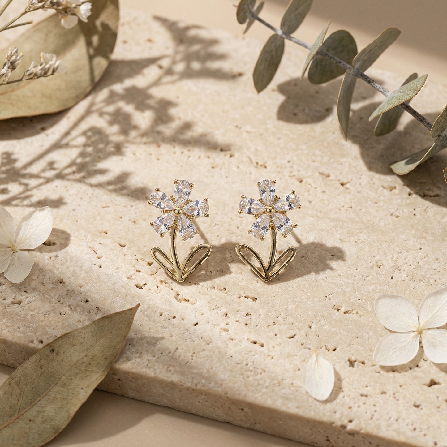 Korean Crystal Bloom Heart Drop Earrings