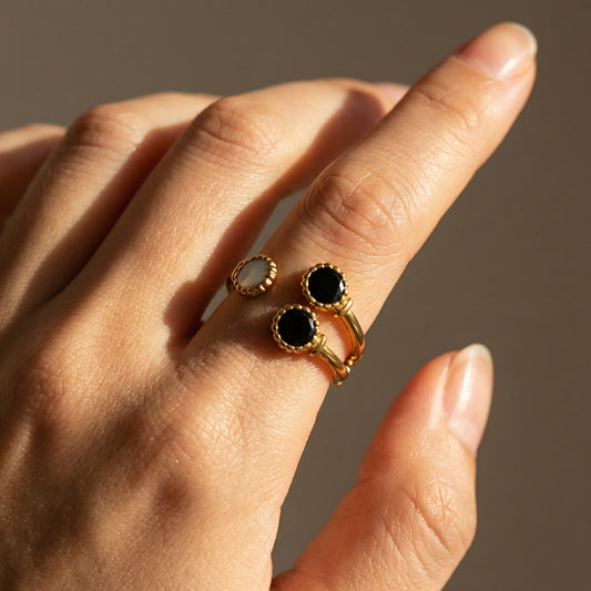 Korean Dual Tone Stone Design Open Gold Finger Ring