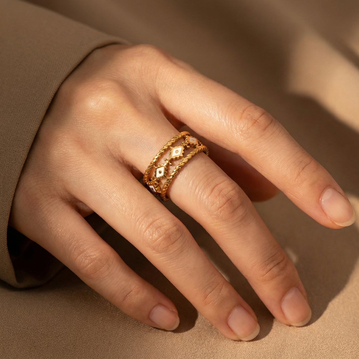 Korean Gold Plated Adjustable Tile Pattern Finger Ring