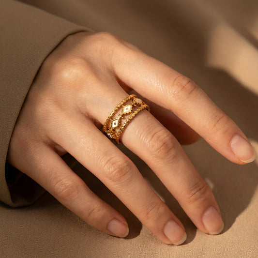 Korean Gold Plated Adjustable Tile Pattern Finger Ring
