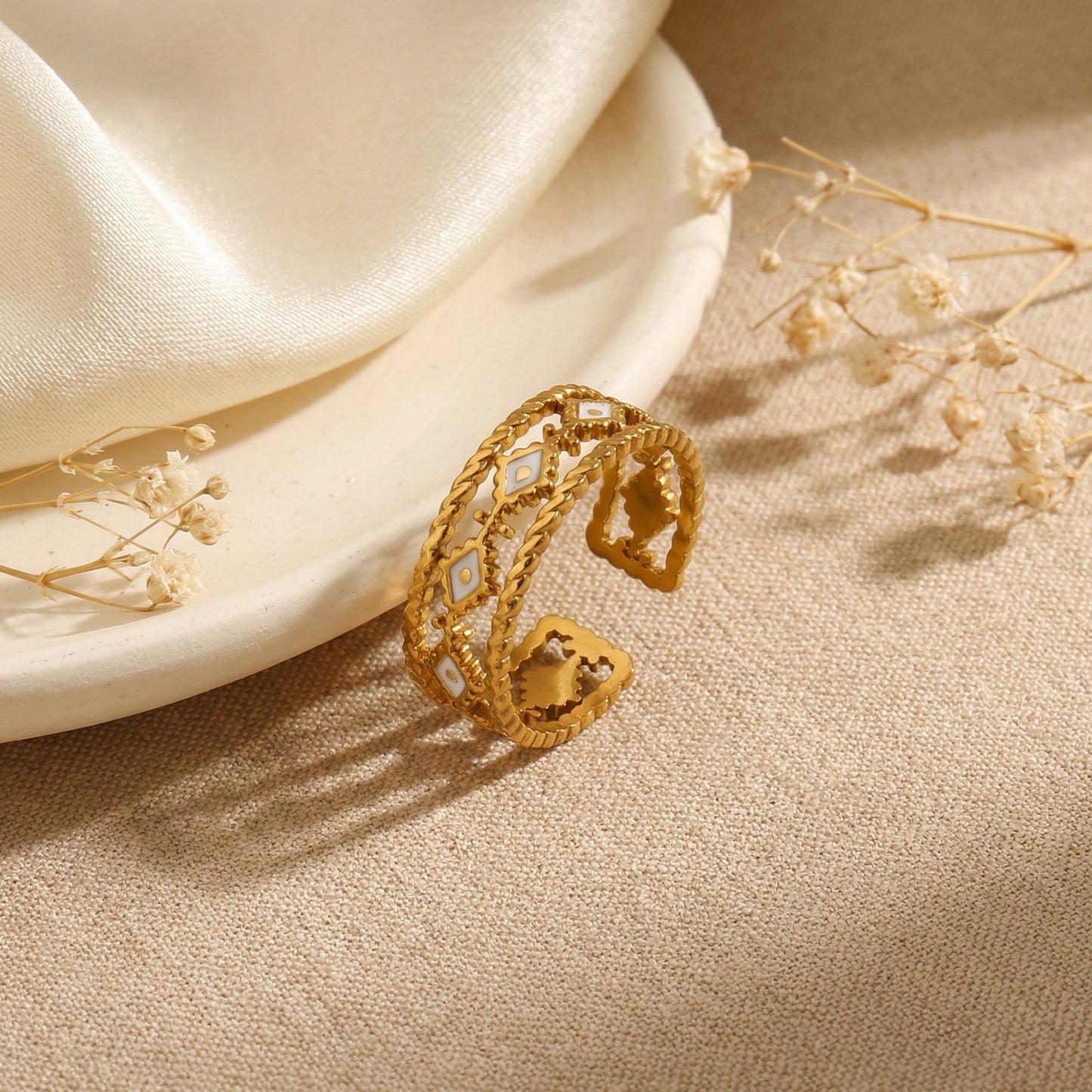 Korean Gold Plated Adjustable Tile Pattern Finger Ring