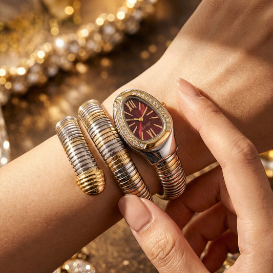 Korean Luxe Duo Wrap Watch – Burgundy Dial (Two-Tone Edition)