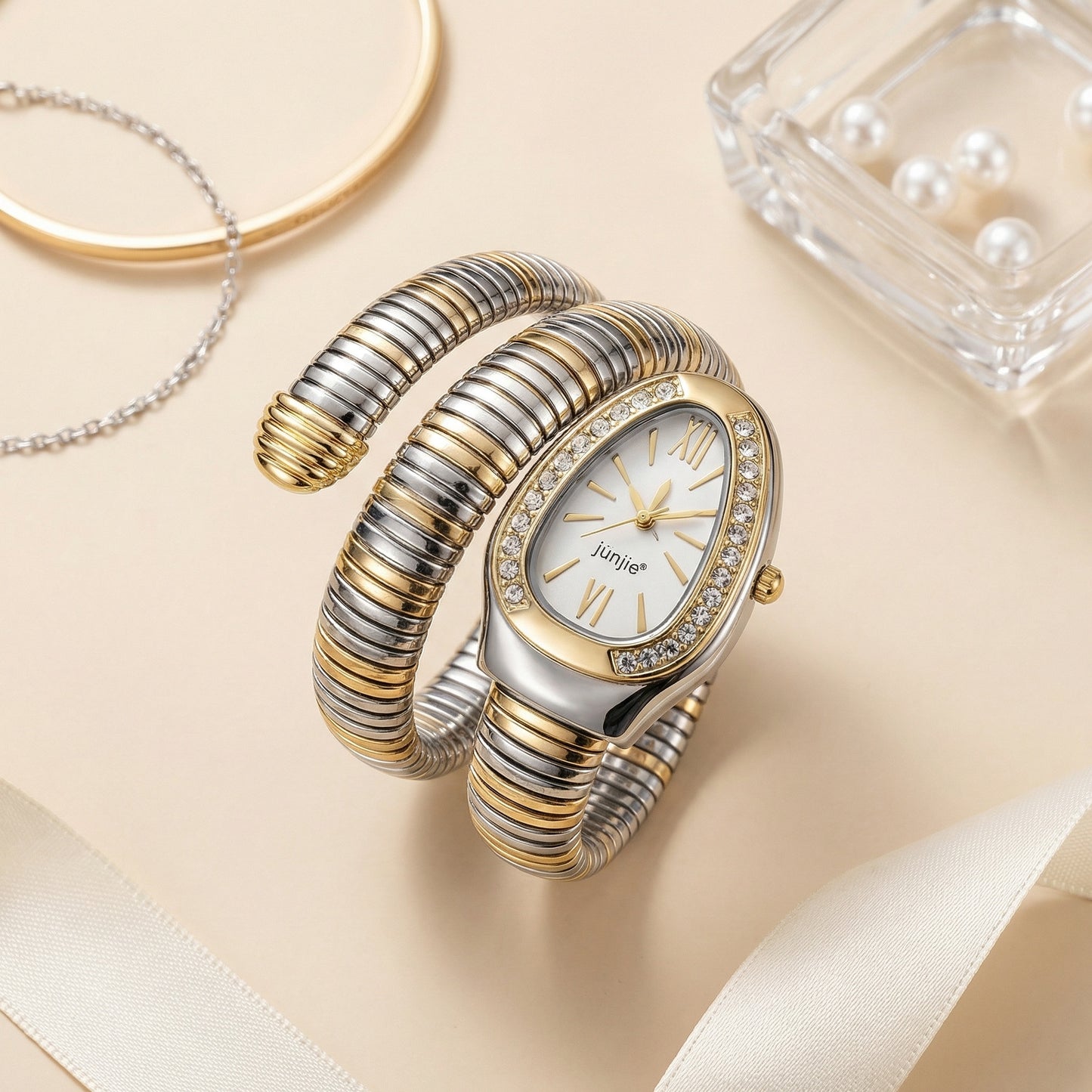 Korean Luxe Duo Wrap Watch – White Dial (Two-Tone Edition)