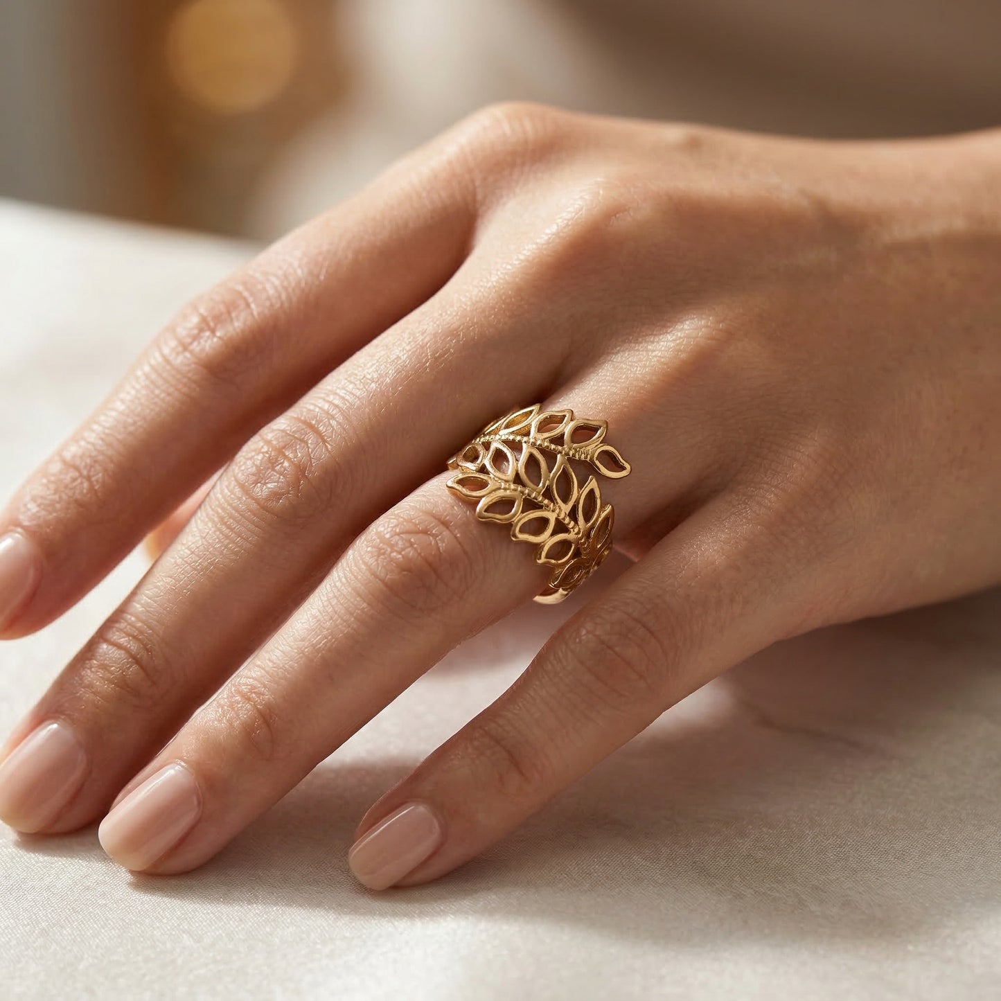 Korean Leaf Pattern Adjustable Open Finger Ring