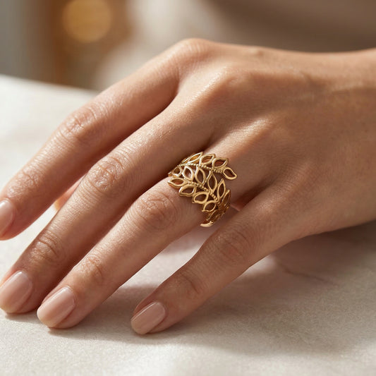 Korean Leaf Pattern Adjustable Open Finger Ring