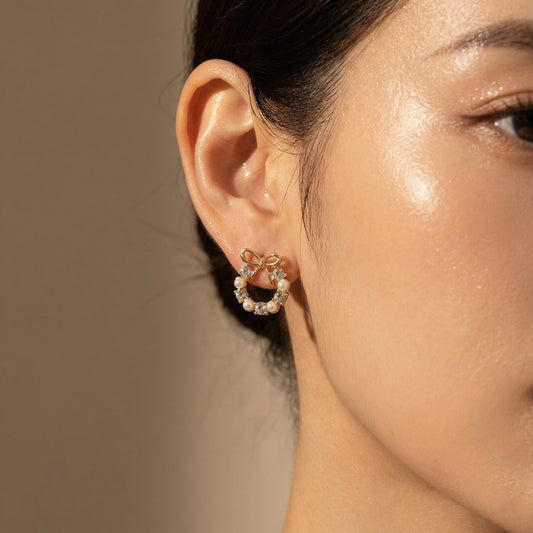 Korean Pearl Bow Halo Stud Earrings