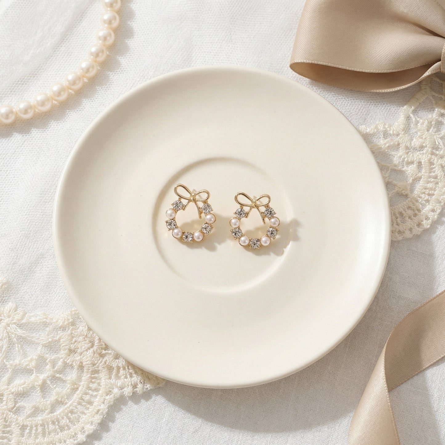 Korean Pearl Bow Halo Stud Earrings