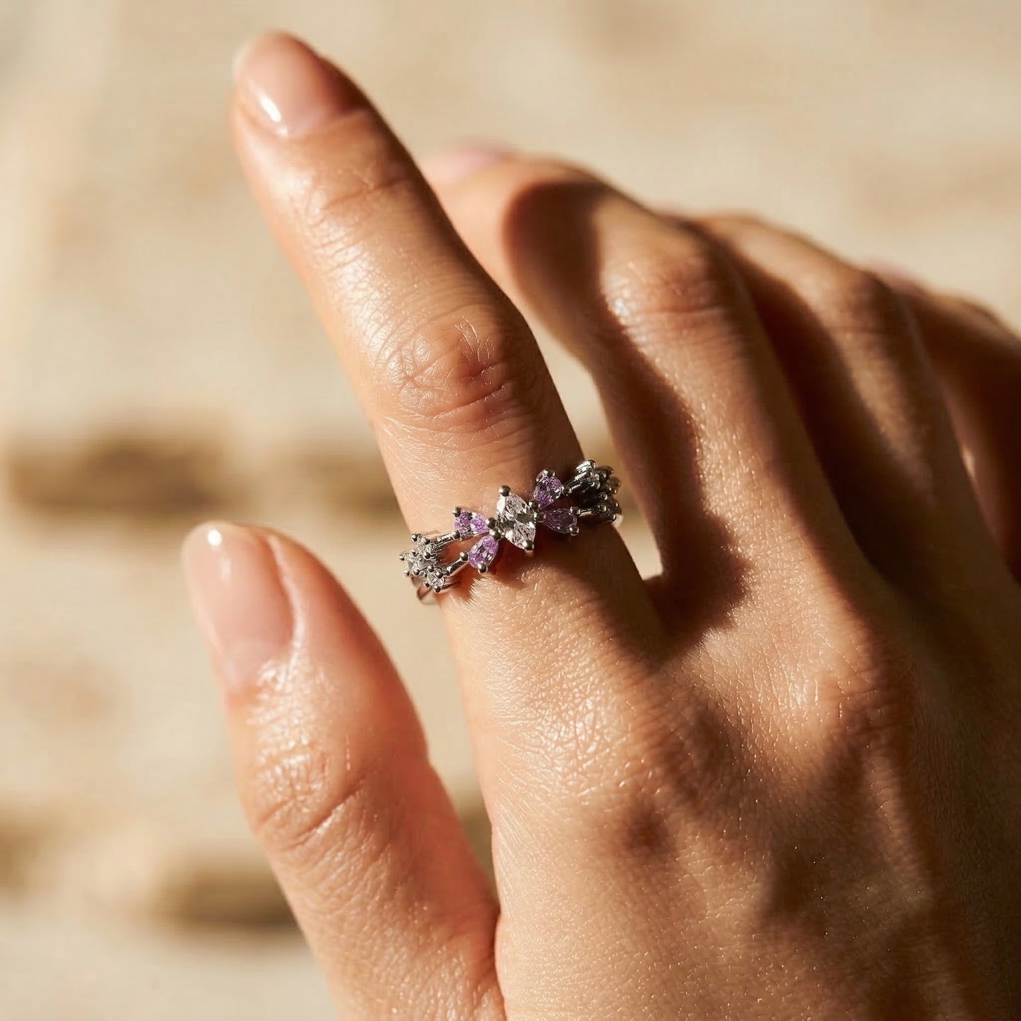 Korean Pink Crystal Adjustable Open Finger Ring