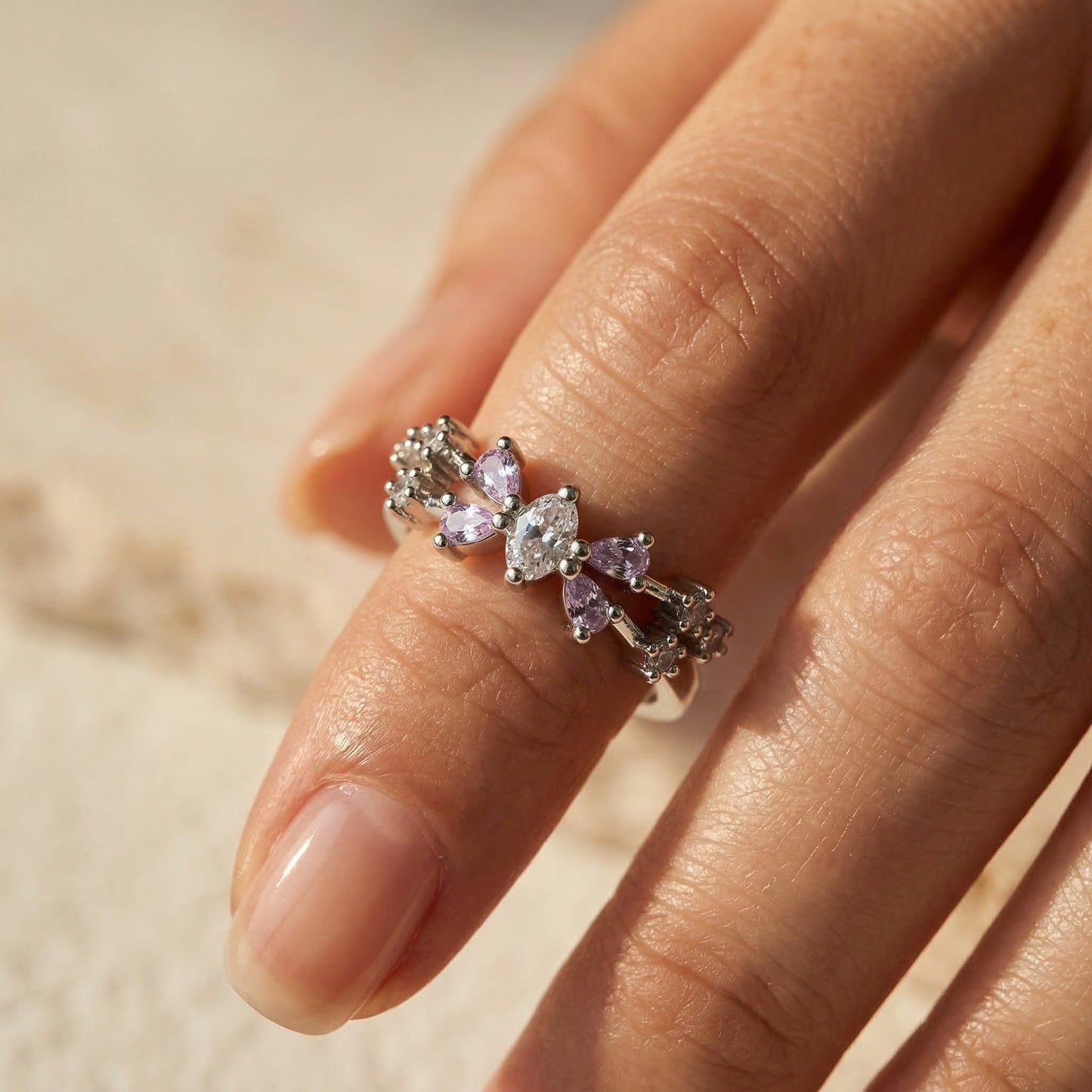 Korean Pink Crystal Adjustable Open Finger Ring