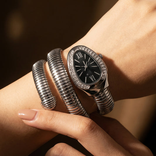 Korean Luxe Wrap Silver Watch – Midnight Black Dial