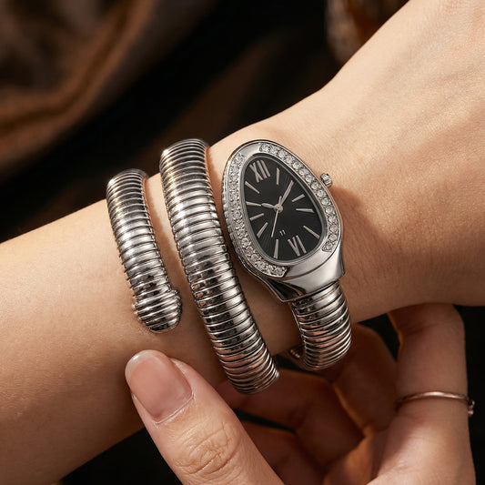 Korean Luxe Wrap Silver Watch – Midnight Black Dial