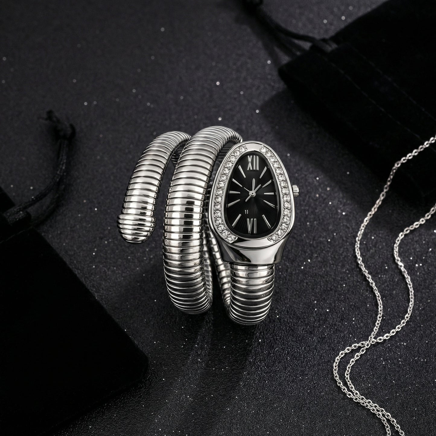 Korean Luxe Wrap Silver Watch – Midnight Black Dial
