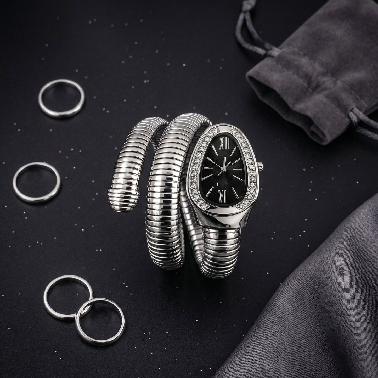 Korean Luxe Wrap Silver Watch – Midnight Black Dial
