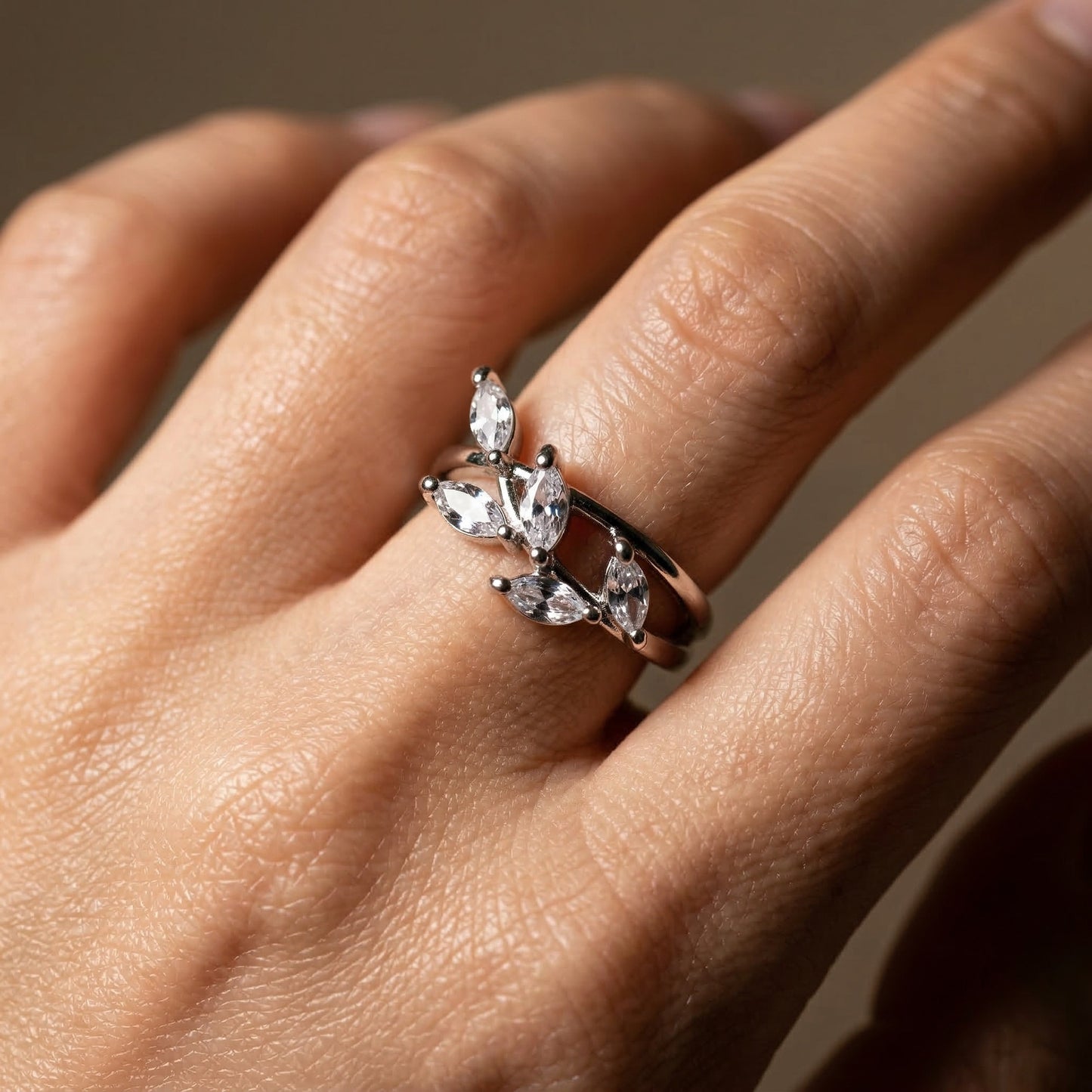 Korean Crystal Leaf Adjustable Open Finger Ring