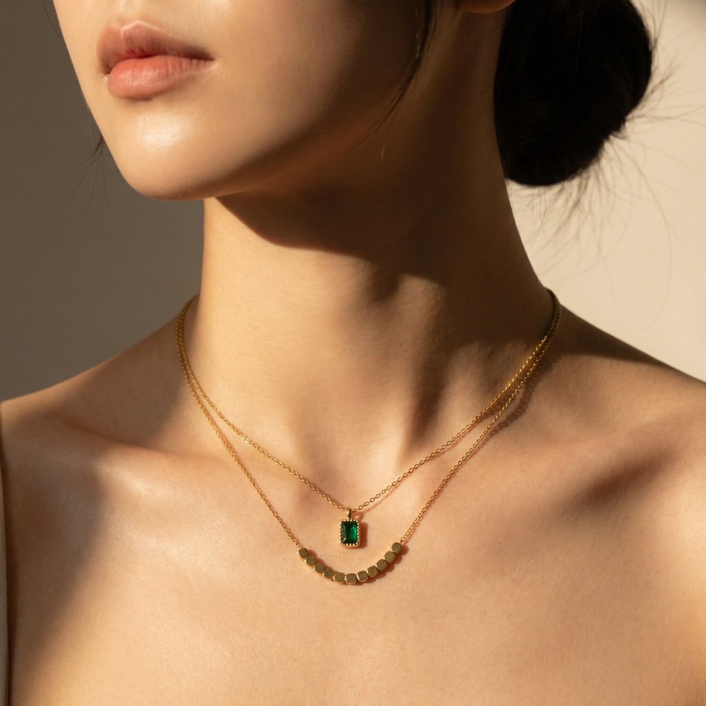 Korean Gold Necklace With Green Stone