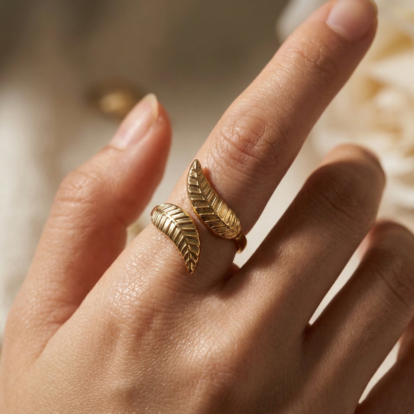 Korean Leaf Design Adjustable Open Finger Ring