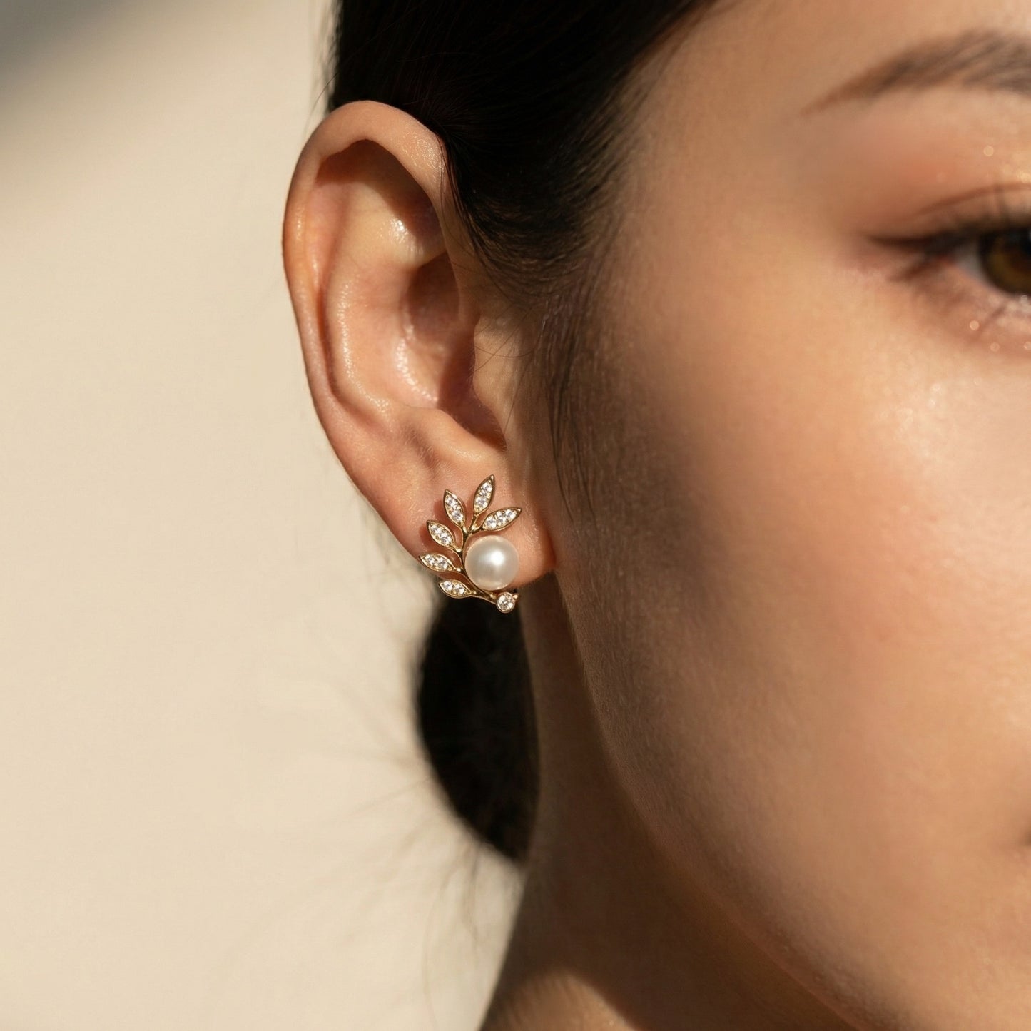 Korean Leaf Pearl Stud Earrings