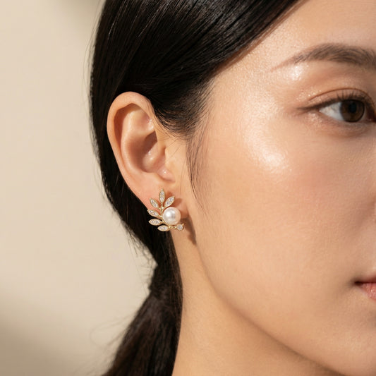 Korean Leaf Pearl Stud Earrings