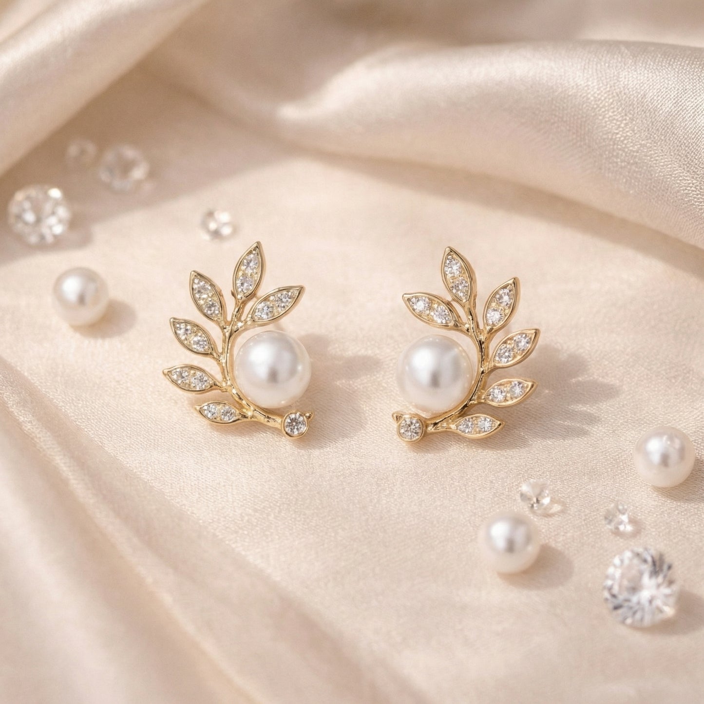 Korean Leaf Pearl Stud Earrings