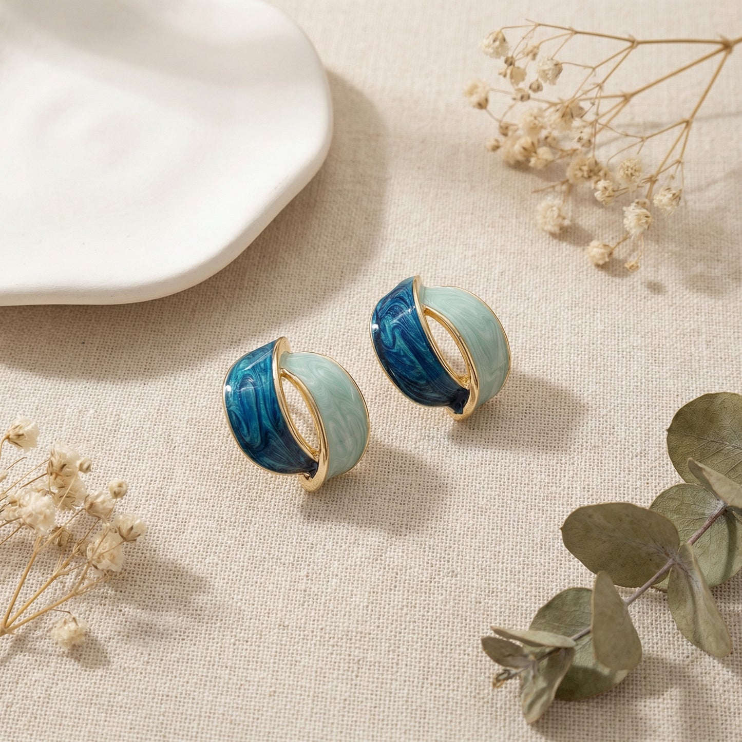 Midnight Ocean Dual-Tone Enamel Hoops Earrings